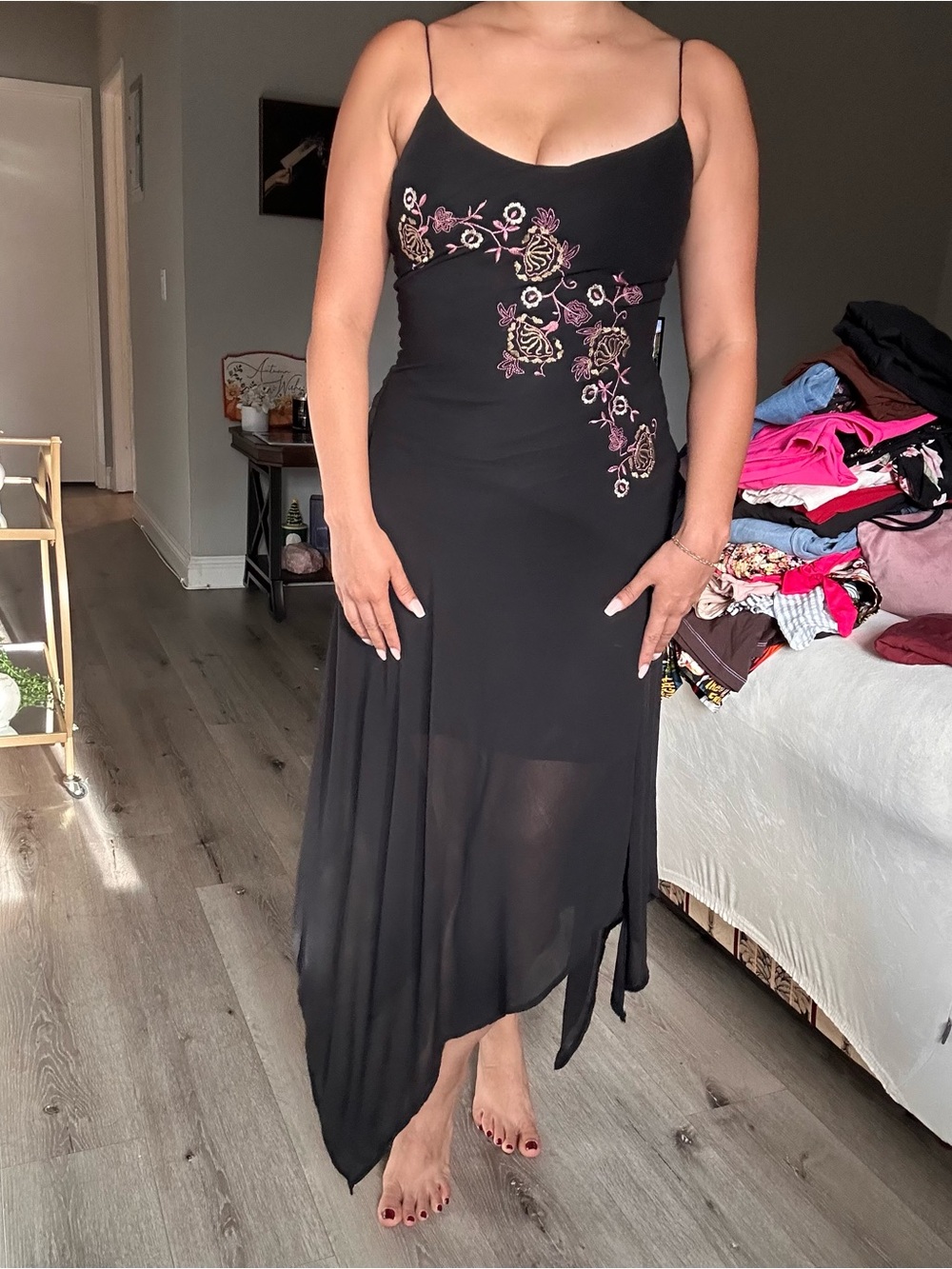 Black Spaghetti-Strap Dress with Pink Floral Embroidery